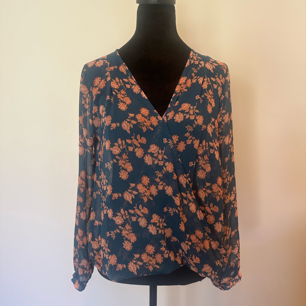 Lush Floral Wrap Blouse - Navy and Coral